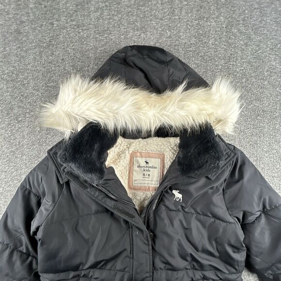 Abercrombie Kids Puffer Jacket 15/16 Black Faux Fur Hood Sherpa Winter Coat - Picture 2 of 9